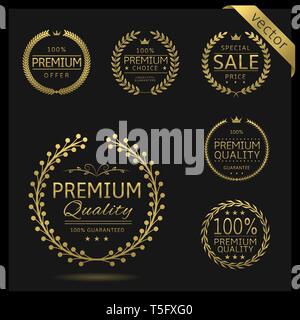 Golden Laurel wreath label badge set isolated. Premium quality, sale, premium offer. Vector illustration Stock Vector