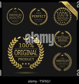 Golden Laurel wreath label badge set isolated. Perfect choice, original product, premium quality. Vector illustration Stock Vector
