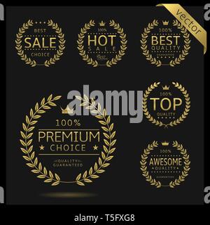 Golden Laurel wreath label badge set isolated. Premium choice, top, hot sale, awesome quality. Vector illustration Stock Vector