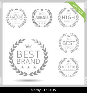 Laurel wreath label badge set isolated. Awesome quality, best brand, authentic brand. Vector illustration Stock Vector