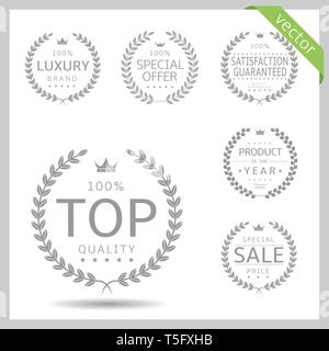 Laurel wreath label badge set isolated. Top quality, sale, special offer, luxury. Vector illustration Stock Vector