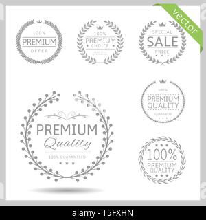 Laurel wreath label badge set isolated. Premium quality, sale, premium offer. Vector illustration Stock Vector