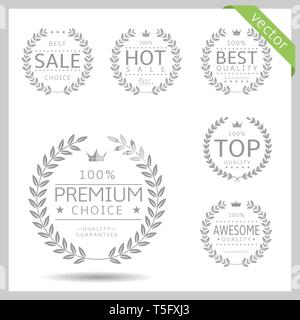 Laurel wreath label badge set isolated. Premium choice, top, hot sale, awesome quality. Vector illustration Stock Vector