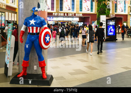 Bangkok, Thailand - Apr 24, 2019: Avengers 4 Endgame character model Captain America in front of the Theatre with People queing up to buy tickets at c