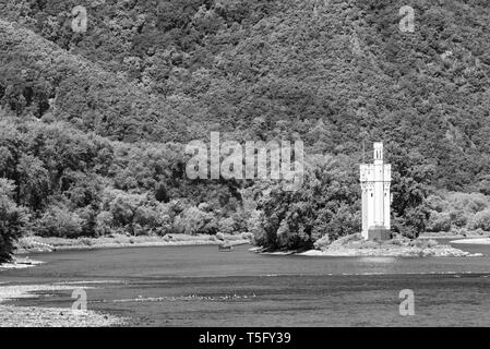 The Binger Mouse Tower, Mauseturm on a small island in the Rhine river in black and white Germany Stock Photo