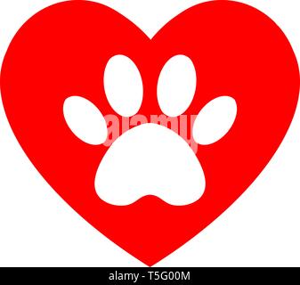 cat and dog paw print inside heart. The dog's track in the heart. Stock Vector
