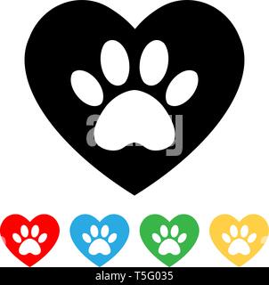 set cat and dog paw print inside heart. The dog's track in the heart. Stock Vector