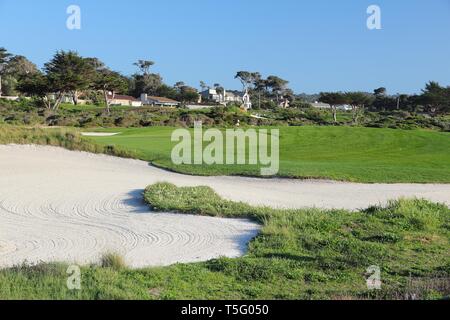 MONTEREY COUNTY, USA - APRIL 7, 2014: Pebble Beach Golf Links in California. It is one of most renowned golf courses with PGA Tour and Champions Tour  Stock Photo