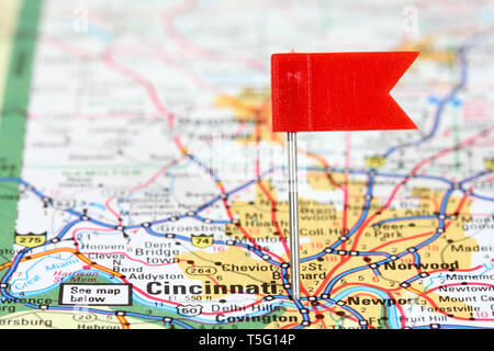 Cincinnati, Ohio. Red flag pin in an old map showing travel destination. Stock Photo