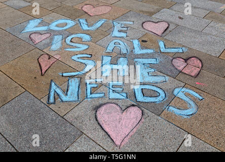 Chalk graffiti in the Town Square in Weston-super-Mare, UK as part of a protest organised by Extinction Rebellion Weston-super-Mare. Stock Photo