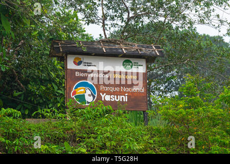 Entrance sign of Yasuni National Park in the Amazon rainforest basin of Ecuador. One of the most biodiverse places in the south american jungle. Stock Photo