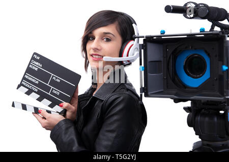 pretty woman holding a clapboard. Isolated on the white background Stock Photo