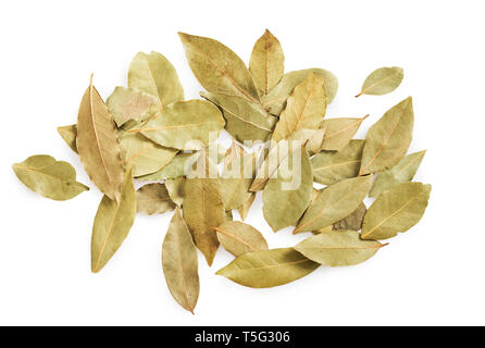 Dried bay leaves stack isolated on white. Laurel leaves heap. Stock Photo