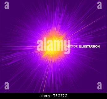 Background with explosion. Starburst dynamic lines. Solar or starlight emission. 3d futuristic technology style. Vector illustration. Stock Vector