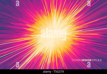 Background with explosion. Starburst dynamic lines. Solar or starlight emission. 3d futuristic technology style. Vector illustration. Stock Vector