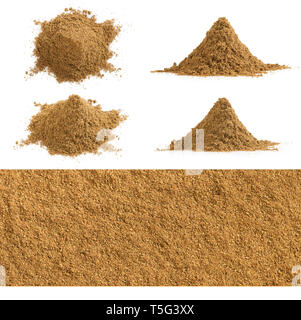 Set of cumin powder pile and texture isolated on white background. Heaps of ground caraway. Stock Photo