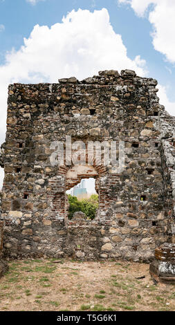 Panama Viejo Ruins amid modern city skyline, and interior of Museo de la Plaza Mayor Stock Photo