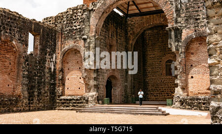 Panama Viejo Ruins amid modern city skyline, and interior of Museo de la Plaza Mayor Stock Photo