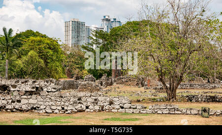 Panama Viejo Ruins amid modern city skyline, and interior of Museo de la Plaza Mayor Stock Photo