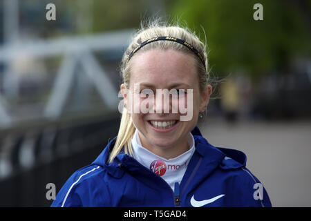 London,UK,24th April 2019,Charlotte Purdue attends The London Marathon British Athletes Photocall which took place outside the Tower Hotel with Tower Bridge in the background ahead of the Marathon on Sunday.Credit: Keith Larby/Alamy Live News Stock Photo