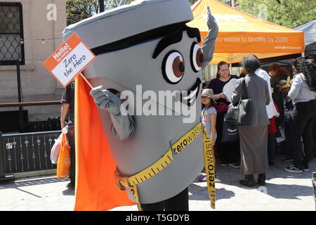 April 23, 2019 - New York City, New York, US - The New York Sanitation Department (NYSD) has released names for their five colorful, energetic recycling ambassadors mascots, which aim to raise awareness for recycling and composting in the city. The gray trash bin is ''Zero the Hero, '' the composting brown bin is ''Scrappy, '' the green bin is ''Pattie Paper, '' the blue bin is ''Bobby.'' And, the lawn and leaf recycling bag is ''Leif.'' The city is trying to ramp up its recycling efforts as it marches toward the ambitious goal of sending zero waste to landfills by 2030. (Credit Image: © G. Ro Stock Photo