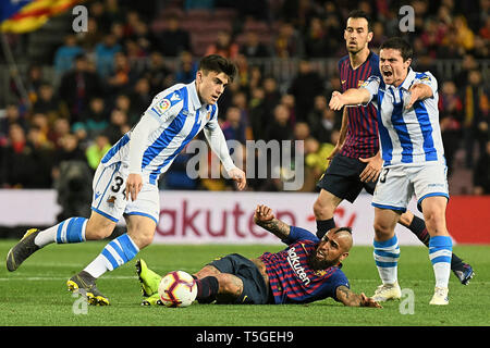 BARCELONA, 20-04-2019. LaLiga 2018/ 2019, date 33. Barcelona-Real Sociedad. Arturo Vidal of FC Barcelona and Ander Barrenetxea of Real Sociedad during the game Barcelona-Real Sociedad. Stock Photo