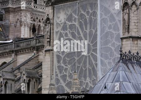 Paris, France. 24th Apr, 2019. Temporary tarpaulins are seen to protect Notre-Dame Cathedral from rain damage in Paris, capital of France, April 24, 2019. Credit: Gao Jing/Xinhua/Alamy Live News Stock Photo