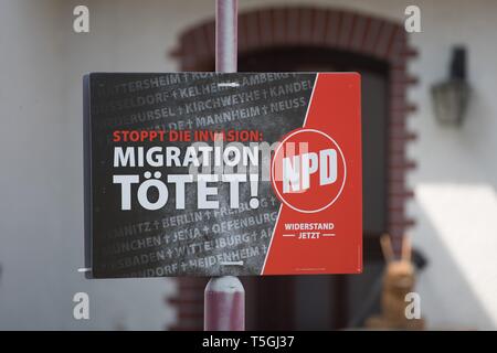 24 April 2019, Saxony, Nieder-Neundorf: An election poster of the extreme right National Democratic Party of Germany (NPD) with the inscription 'Migration Kills' hangs on a lamp post. Photo: Sebastian Kahnert/dpa-Zentralbild/dpa Stock Photo