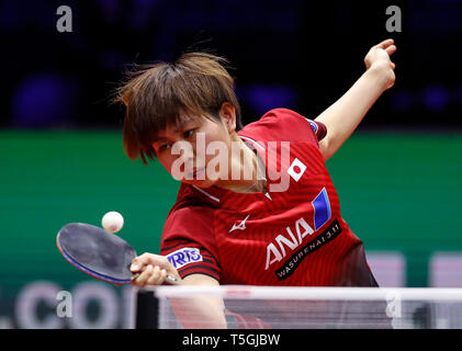 (190425) -- BUDAPEST, April 25, 2019 (Xinhua) -- Hitomi Sato of Japan competes during the women's singles round of 16 match against Wang Manyu of China at 2019 ITTF World Table Tennis Championships in Budapest, Hungary, April 24, 2019. (Xinhua/Han Yan) Stock Photo