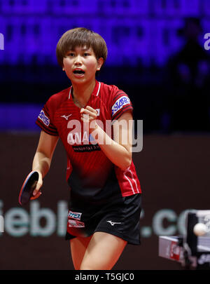(190425) -- BUDAPEST, April 25, 2019 (Xinhua) -- Hitomi Sato of Japan reacts during the women's singles round of 16 match against Wang Manyu of China at 2019 ITTF World Table Tennis Championships in Budapest, Hungary, April 24, 2019. (Xinhua/Han Yan) Stock Photo