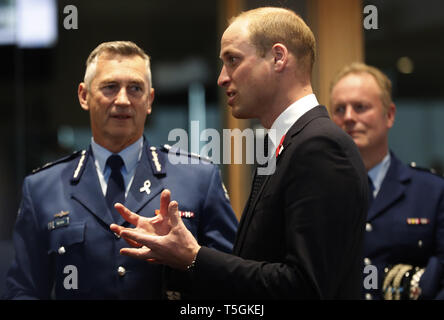 Christchurch, Canterbury, New Zealand. 25th Apr, 2019. Britain's Prince William meets with the police staff during his visit to the Justice and Emergency Services Precinct in Christchurch. The Duke of Cambridge is on a two-day visit to New Zealand to commemorate the victims of the Christchurch mosque terror attacks. Credit: New Zealand Government/POOL via ZUMA Wire/ZUMAPRESS.com/Alamy Live News Stock Photo