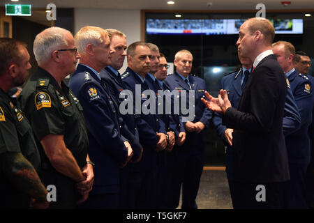 Christchurch, Canterbury, New Zealand. 25th Apr, 2019. PRINCE WILLIAM meets with the key operations police staff and St Johns ambulance staff during his visit to the Justice and Emergency Services Precinct. The Duke of Cambridge also was scheduled to visit the Al Noor and Linwood mosques where 50 people were killed, Christchurch Hospital and lay a wreath at the Canterbury Earthquake National Memorial, which is inscribed with the names of the 185 people who died in the 2011 quake Credit: New Zealand Government/POOL via ZUMA Wire/ZUMAPRESS.com/Alamy Live News Stock Photo