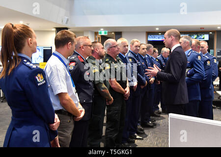 Christchurch, Canterbury, New Zealand. 25th Apr, 2019. PRINCE WILLIAM meets with the key operations police staff and St Johns ambulance staff during his visit to the Justice and Emergency Services Precinct. The Duke of Cambridge also was scheduled to visit the Al Noor and Linwood mosques where 50 people were killed, Christchurch Hospital and lay a wreath at the Canterbury Earthquake National Memorial, which is inscribed with the names of the 185 people who died in the 2011 quake. Credit: New Zealand Government/POOL via ZUMA Wire/ZUMAPRESS.com/Alamy Live News Stock Photo
