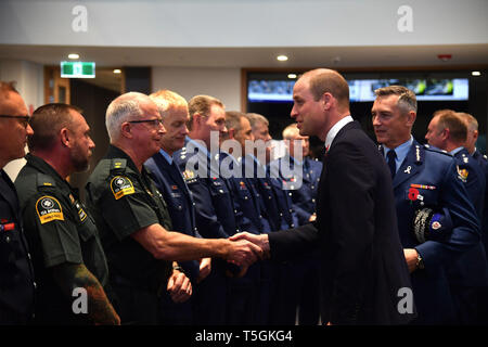 Christchurch, Canterbury, New Zealand. 25th Apr, 2019. PRINCE WILLIAM meets with the key operations police staff and St Johns ambulance staff during his visit to the Justice and Emergency Services Precinct. The Duke of Cambridge also was scheduled to visit the Al Noor and Linwood mosques where 50 people were killed, Christchurch Hospital and lay a wreath at the Canterbury Earthquake National Memorial, which is inscribed with the names of the 185 people who died in the 2011 quake. Credit: New Zealand Government/POOL via ZUMA Wire/ZUMAPRESS.com/Alamy Live News Stock Photo