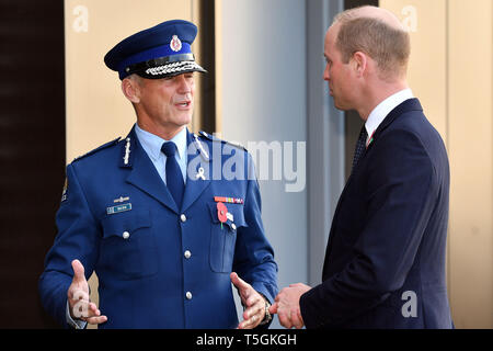 Christchurch, Canterbury, New Zealand. 25th Apr, 2019. New Zealand's Commissioner of Police MIKE BUSH chats with Britain's PRINCE WILLIAM at the Justice and Emergency Services Precinct in Christchurch. The Duke of Cambridge is on a two-day visit to New Zealand to commemorate the victims of the Christchurch mosque terror attacks. Credit: New Zealand Government/POOL via ZUMA Wire/ZUMAPRESS.com/Alamy Live News Stock Photo