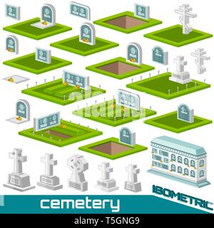 Set of isometric grave and crosses different style for cemetery vector illustration Stock Vector