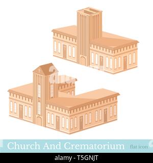 Vector isometric icon set or infographic elements representing buildings of crematorium and church in brown color Stock Vector