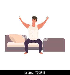 lazy man happy waking up in the bed rising hands Stock Vector