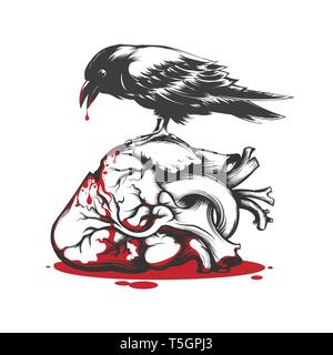 Black Raven Biting Bleeding Heart. Love Hurts Concept Tattoo. Vector illustration. Stock Vector