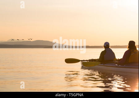 Two women in a sea kayak bird watching. People enjoying nature wildlife, Whidbey Island, Puget Sound, Washington State. Stock Photo