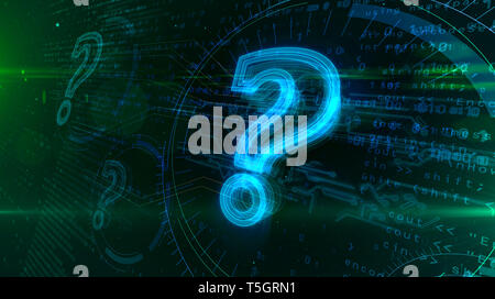 Question mark sign on cyber background. Internet searching, digital knowledge, FAQ and computer education abstract concept 3d illustration. Stock Photo