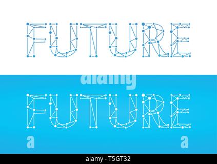 Future - caption in blue color isolated on white and blue color. Label with word title in style of network with links and connections symbolizing futu Stock Vector
