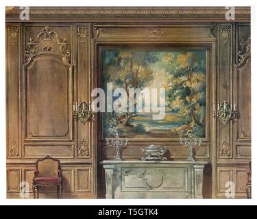 Dining room Louis XIV style, geometrical view . Vintage illustration by Style Interiors 1905 Stock Photo