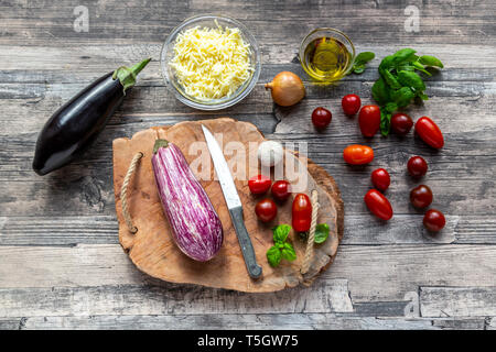 Various ingredients for aubergine-pizza, low carb Stock Photo