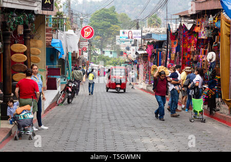Guatemala Central America - street scene with tuk tuk taxi, Santiago Atitlan town, Guatemala Latin America Stock Photo