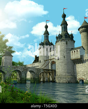3D rendering of a romantic fairytale castle in an idyllic landscape framed by trees and protected by a moat filled with water Stock Photo