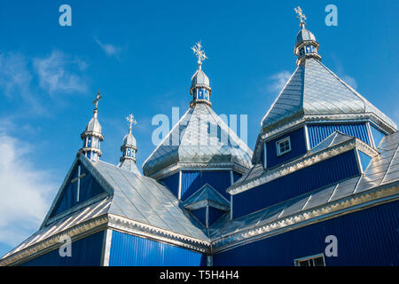 Blue wooden church, near Buchach, Ukraine Stock Photo