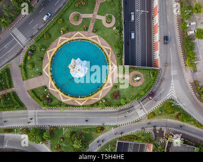 Indonesia, Bali, Denpasar, Aerial view of Patung Dewa Ruci statue at crossroads with tunnel Stock Photo
