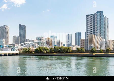 Waterbus route, view from Hamarikyu Gardens, Chuo-Ku, Tokyo, Japan Stock Photo