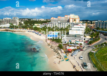 Caribbean, Antilles, Aerial view of Sint Maarten, beach and hotels Stock Photo